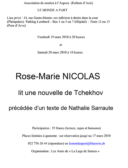 « Rose-Marie NICOLAS » lit une nouvelle de Tchekhov précédée d'un texte de Nathalie Sarraute 