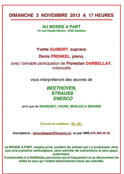 « Chant, piano et violoncelle » Yvette Guibert, Denis Frenkel, Florestan Darbellay