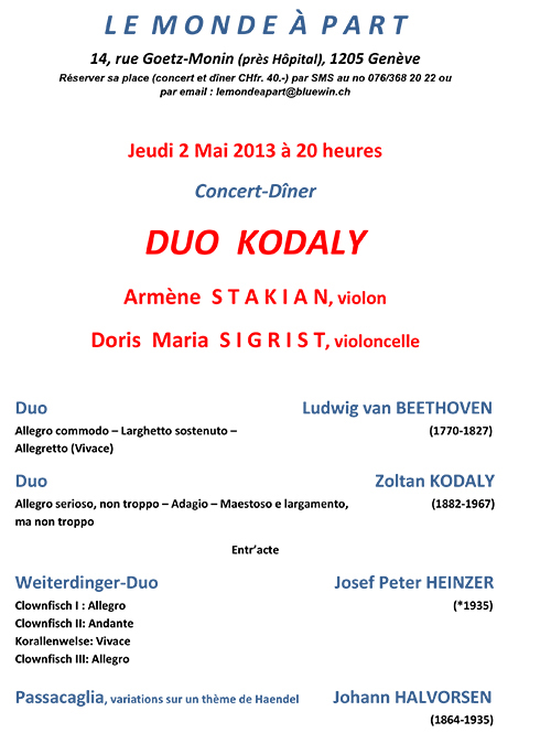 Duo Kodaly  violon et violoncelle Armène Stakian et Doris Maria Sigrist