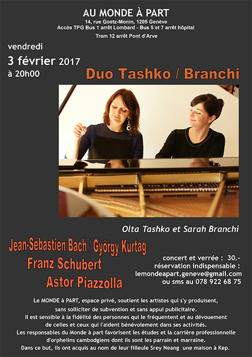 Duo Tashko / Branchi piano à 4 mains avec Olta Tashko et Sarah Branchi vendredi 28 janvier 2017 à 20 heures concert et verrée : 30.-