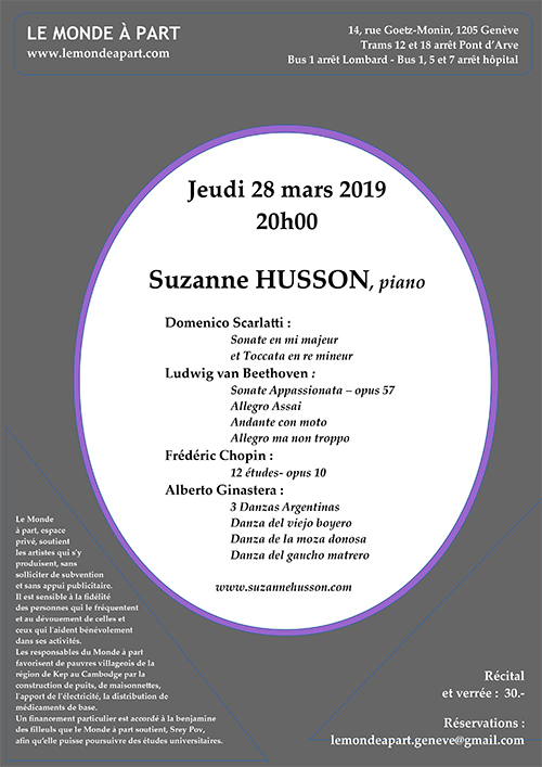 Suzanne HUSSON, piano Jeudi 28 mars 2019 à 20 heures Récital et verrée 30.-