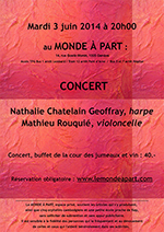 « Elena Schwarz, direction - Chloé Levy, soprano - Emilie Brisedou, flûte - Marine Werz, clarinette - Odile Lespérance, violon - Florestan Darbellay, violoncelle - Irene Puccia, piano »  lundi 9 juin 2014 à 19 heures