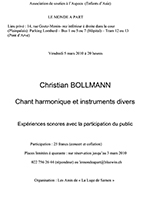 « Chant harmonique et instruments divers » Christian BOLLMANN Expériences sonores avec la participation du public